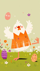 Fototapeta premium Cheerful chick dancing in flower filled field with colorful eggs