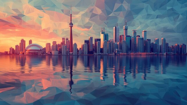 Creative polygonal mesh design of a waterfront city skyline suitable for wallpaper Concept of smart cities and web network connectivity