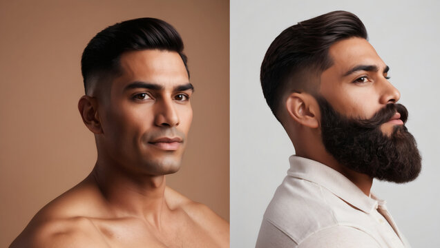 Two men showcasing different hairstyles and facial hair. One with short, styled hair, the other with a full beard and textured hair.