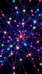 Fototapeta premium Interconnected lines and nodes glowing in different intensities, representing diverse relationships, all forming an intricate web in a vibrant color spectrum.
