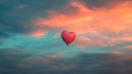 Fototapeta premium Heart Balloon Floating in Dreamy Pastel Sky Romantic Sunset