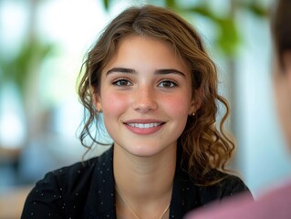 Fototapeta premium Engaging conversation with a smiling young woman modern portrait photography in bright environment close-up view