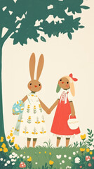 Fototapeta premium cute bunny and chick holding hands in colorful garden scene