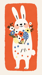cute bunny holding bouquet of colorful flowers on bright background