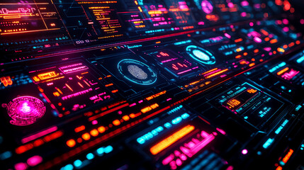 Cyberpunk Neon Tech HUD Interface: Futuristic Digital Background