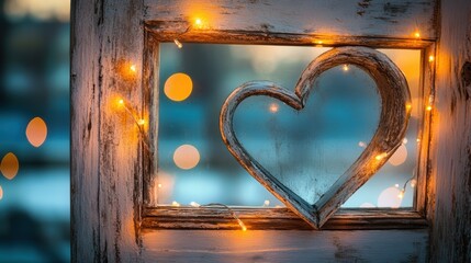 Romantic Heart Shaped Window with Fairy Lights and Bokeh