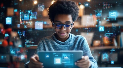 Boy uses tablet, digital data, home, learning