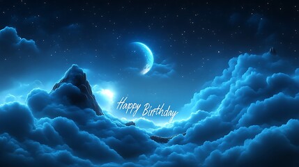 Celestial birthday greeting with crescent moon and mountains.