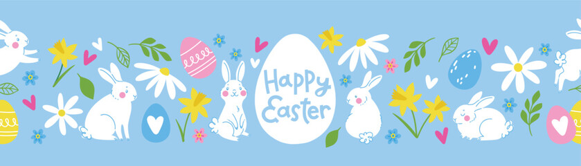 Cute hand drawn easter bunnies, spring flowers and eggs seamless design. Easter doodle background. Cute happy Easter typography.