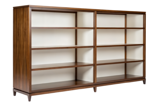 Long wooden bookcase with sliding doors isolated with transparent background