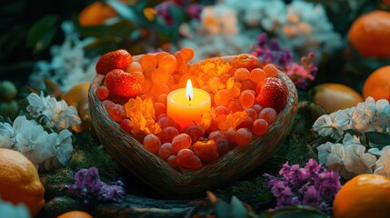 Heart Shaped Fruit Bowl Candlelight Flowers Still Life Photography