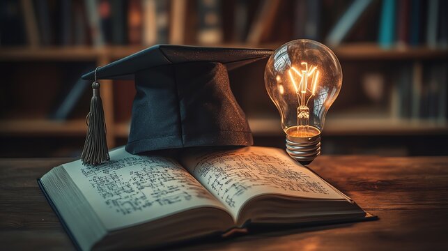 A graduation cap sitting atop a glowing lightbulb, with an open book showing detailed mathematical equations and formulas, set in a sleek, inspiring study environment