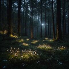 Obraz premium A dense forest with small, glowing flowers dotting the ground, emitting a mystical light.