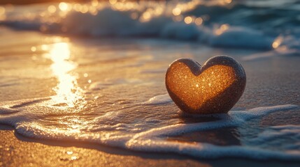 Fototapeta premium Romantic Beach Sunset Heart Shaped Stone Ocean Waves Golden Light