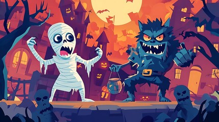 Cartoon mummy werewolf and zombie having a thrilling time at a fun-filled Halloween party with eerie music