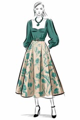 Fashion Illustration Featuring A Woman In A Floral Skirt And Green Top