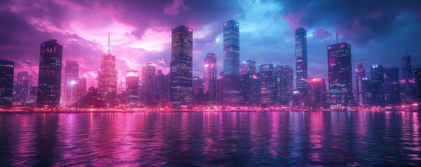 Futuristic Cyberpunk City Skyline Night Neon Lights Background for AI Communication Data Transmission Encryption and Scientific Research