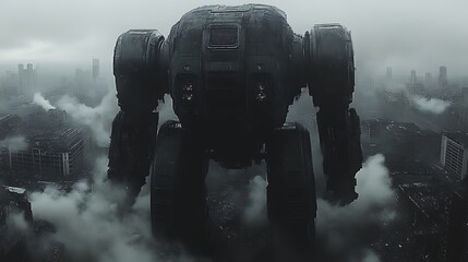 Giant robot looms over a post-apocalyptic city shrouded in smoke and fog.
