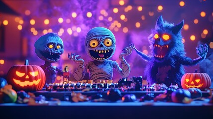 Fun-filled Halloween celebration with animated mummy werewolf and zombie characters enjoying spooky music