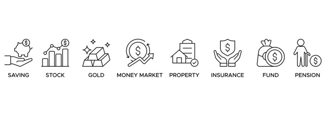 Banner retirement planning icon illustration. Retirement Plan Growth Concept with icons saving, stock, gold, money market, property, insurance, fund and pension