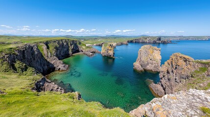 Coastal Ireland scenic bay, clear water, rocky cliffs, sunny day, travel photography