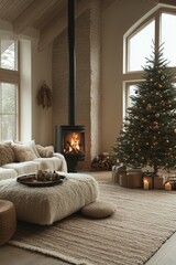 Christmas Living Room Interior Design with Tree Sofa Fireplace Wreath Candles Decorations and Cozy Accessories