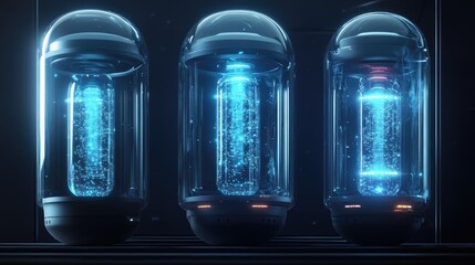 Obraz premium Cryonics capsules, empty and full futuristic containers, glass tubes with cryogenic liquid for hibernation. Scientific technology camera, Sci-fi laboratory equipment, Realistic 3d vector illustration