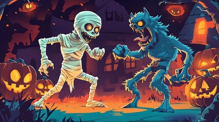 Cartoon mummy werewolf and zombie characters having a spooky time at a lively Halloween celebration