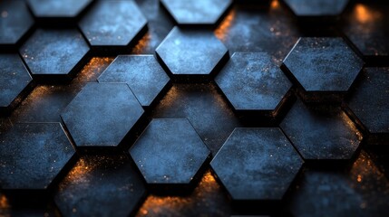 Minimalist blue background with hexagons and lines for design. Banner template with white center text area. Ideal for modern designs.