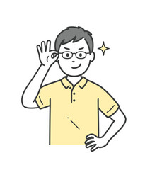 眼鏡を上げてニヤリと笑い自信を見せる若い男性介護士