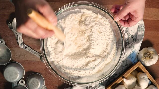 Making garlic bread with simple ingredients like flour, yeast, water, salt and garlic.  Mixing, kneading and baking garlic bread in loaves.  Baking and making bread.