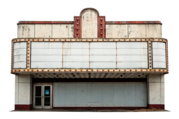 Old abandoned movie theater facade isolated with transparent background
