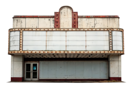 Old abandoned movie theater facade isolated with transparent background