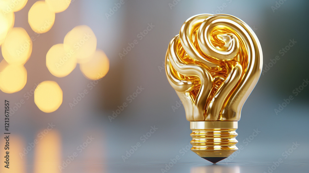 Poster golden light bulb design with intricate swirls, symbolizing creativity and innovation, set against b