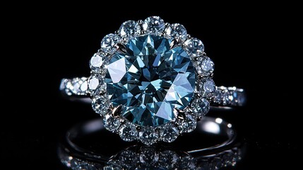 A majestic blue diamond with lifelike brilliance and intricate cuts, surrounded by a glowing ring of light on a sleek black background.