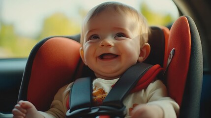 Cute baby boy smiling sitting in a child safety car seat inside a car. Child transportation safety concept.