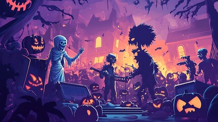 Fun and spooky party scene with mummy werewolf and zombie enjoying thrilling music at a lively Halloween event