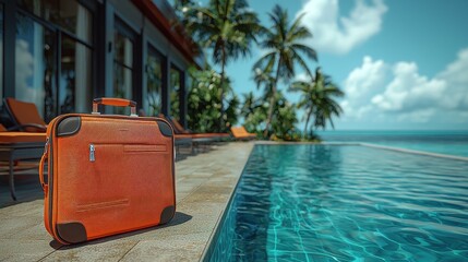 Naklejka premium Vibrant Orange Suitcase by the Poolside at a Lush Tropical Resort Under Clear Blue Skies