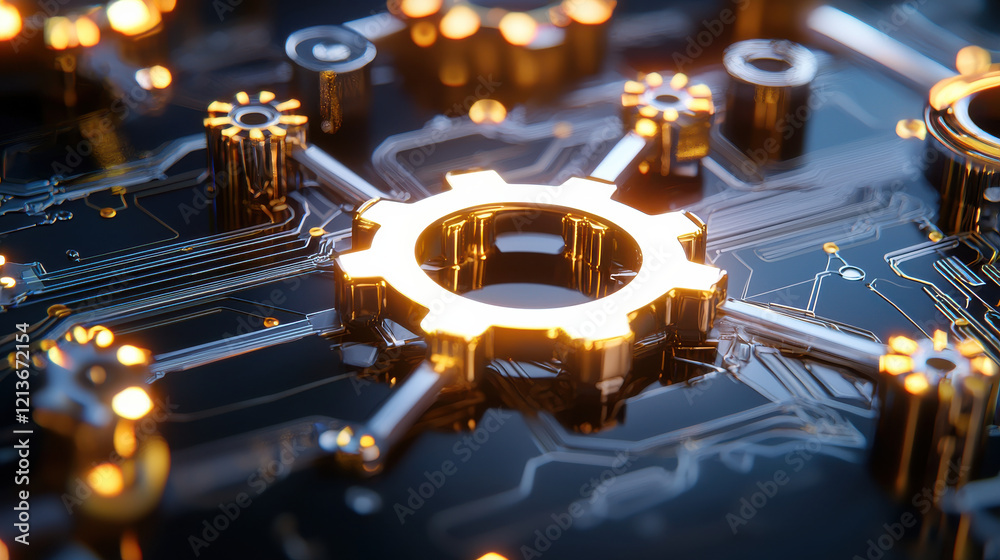 Poster close up view of metallic gear on circuit board, showcasing intricate details and glowing elements, 