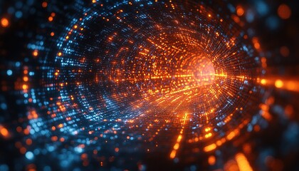 Obraz premium Glowing particle vortex tunnel in digital space