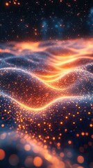 Glowing particle waves in dark space, nebula background