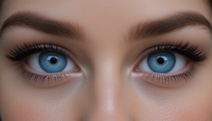 Naklejka premium Close-up view of a woman's bright blue eyes with long dark eyelashes and well-groomed eyebrows. The image is softly lit, creating a gentle and intimate atmosphere, emphasizing the detail of the eyes a