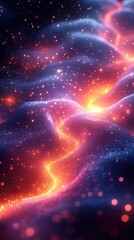 Glowing particles flow across dark, textured landscape