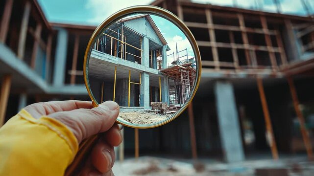 engineer use magnifying glass inspecting construction new house.inspecting construction and quality assurance new house. Engineers or architects or contactor work to build the house.