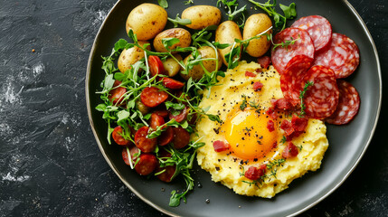 Delicious brunch plate featuring scrambled eggs, sausages, potatoes, and fresh herbs at a cozy breakfast setting