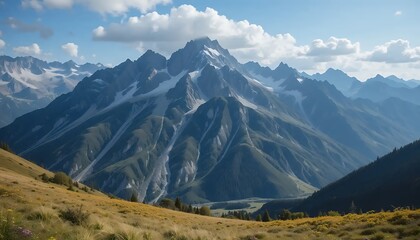 Fototapeta premium Majestic Alpine Mountain Range with Snow-Capped Peaks and Lush Green Valley