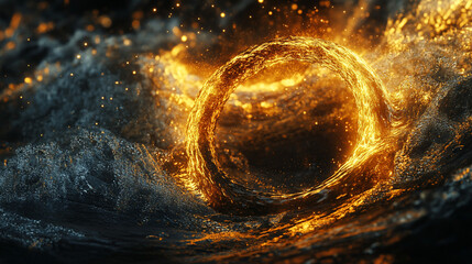 Fiery ring floats on dark, turbulent water.