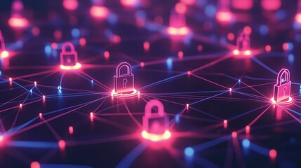 Cyber Security Concept Digital Network with Interconnected Nodes and Padlocks Representing Secure Data Flow