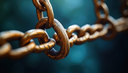 Obraz premium Golden chain links connected on blurred background, strength concept