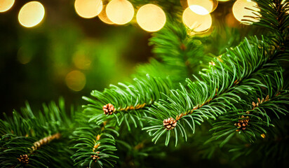 Capturing the Beauty of Evergreen Pine Tree with Golden Festive Light Background